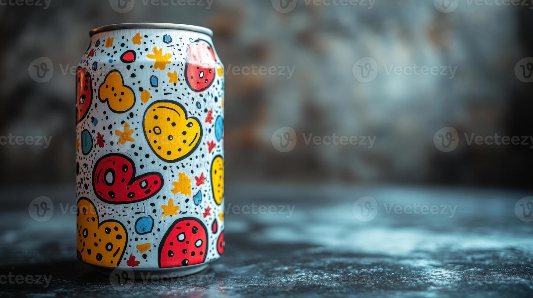 A decorative beverage can features vibrant patterns like hearts, stars, and polka dots in red, yellow, and blue. It is positioned on a rustic surface with dim lighting creating an artistic atmosphere. photo