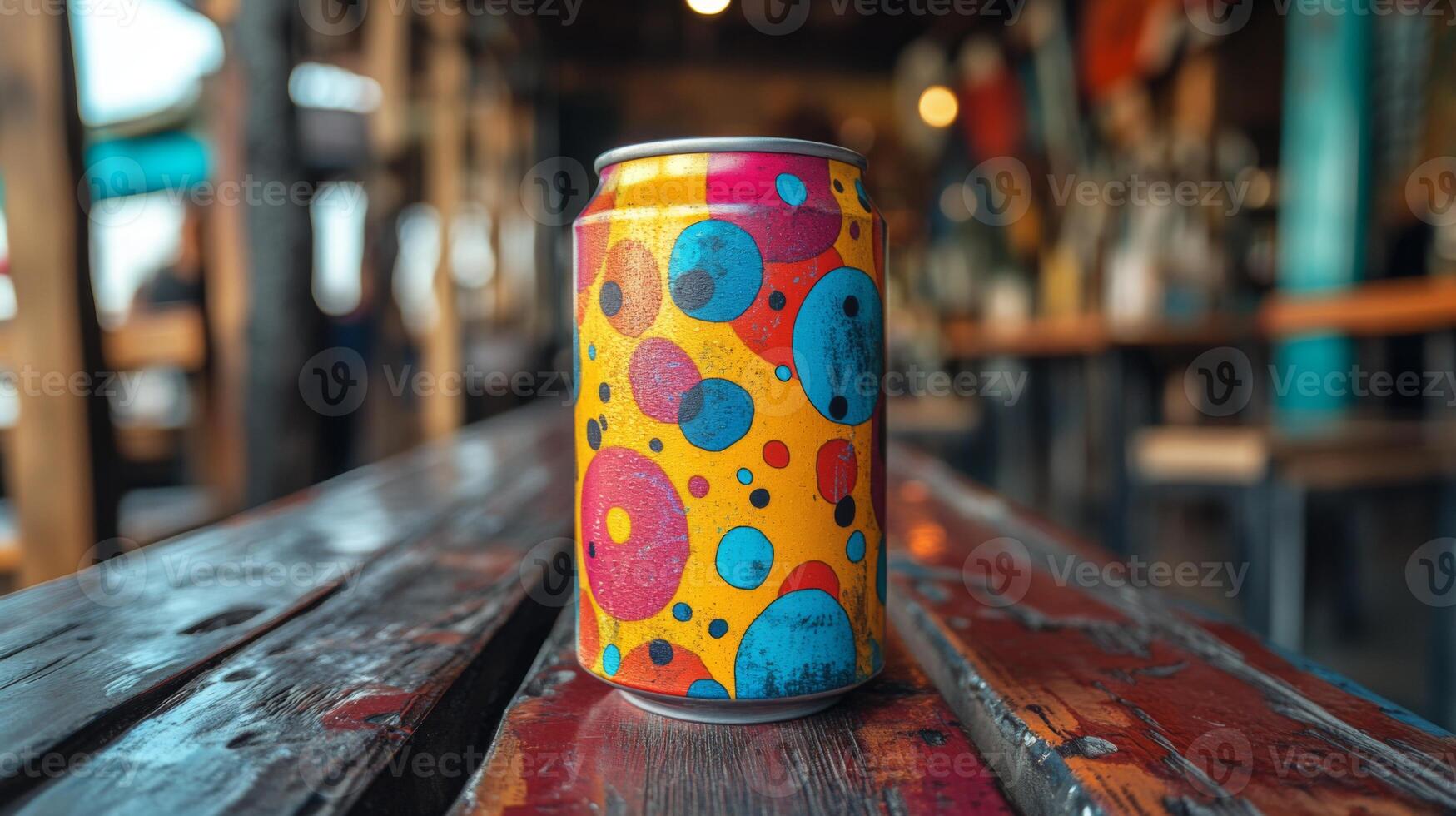 A bright can with abstract patterns is placed on a weathered wooden table. The background features a lively atmosphere with blurred figures, suggesting social interaction and relaxation. photo