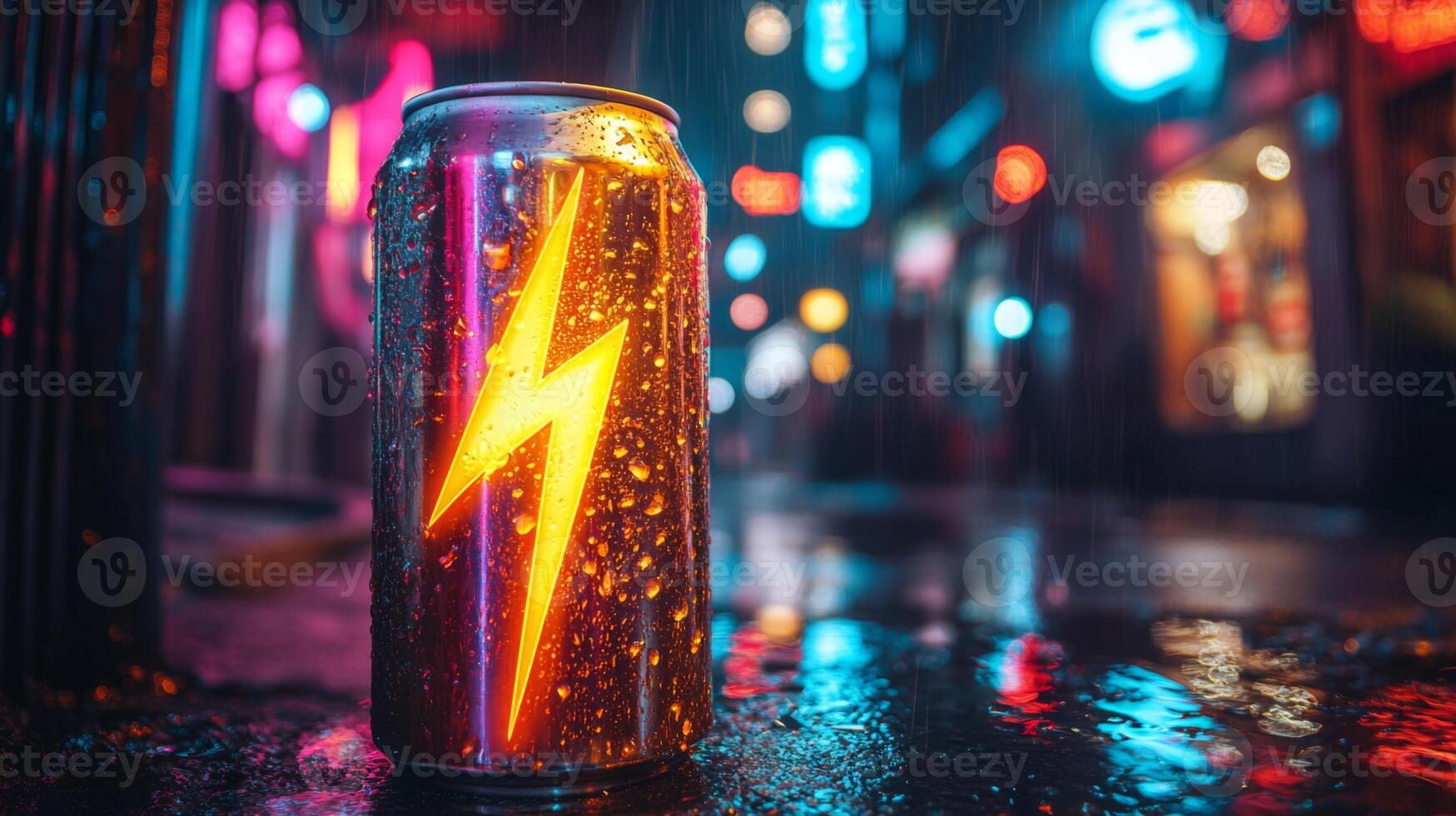 A colorful beverage can with a lightning design stands on a shiny, rain-soaked street. Neon lights illuminate the background, creating a lively urban atmosphere. photo