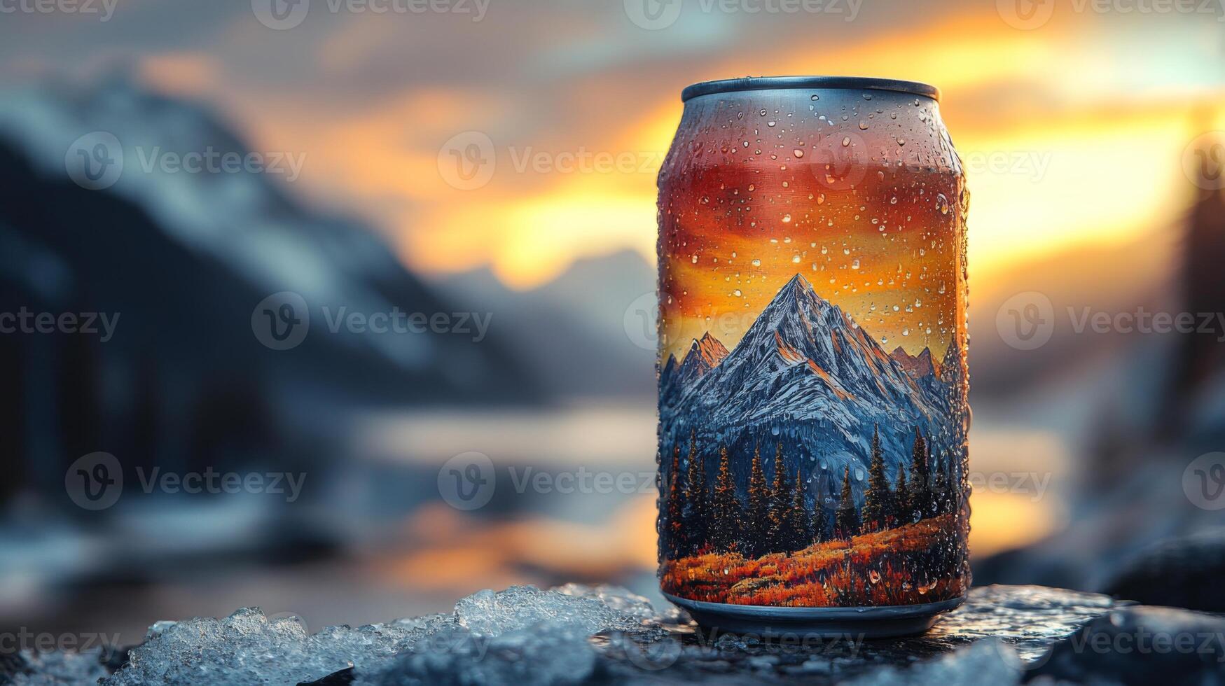 A vibrant beverage can featuring a mountain design rests on a rocky surface with water droplets. The sunset casts warm hues over the landscape, creating a tranquil atmosphere. photo