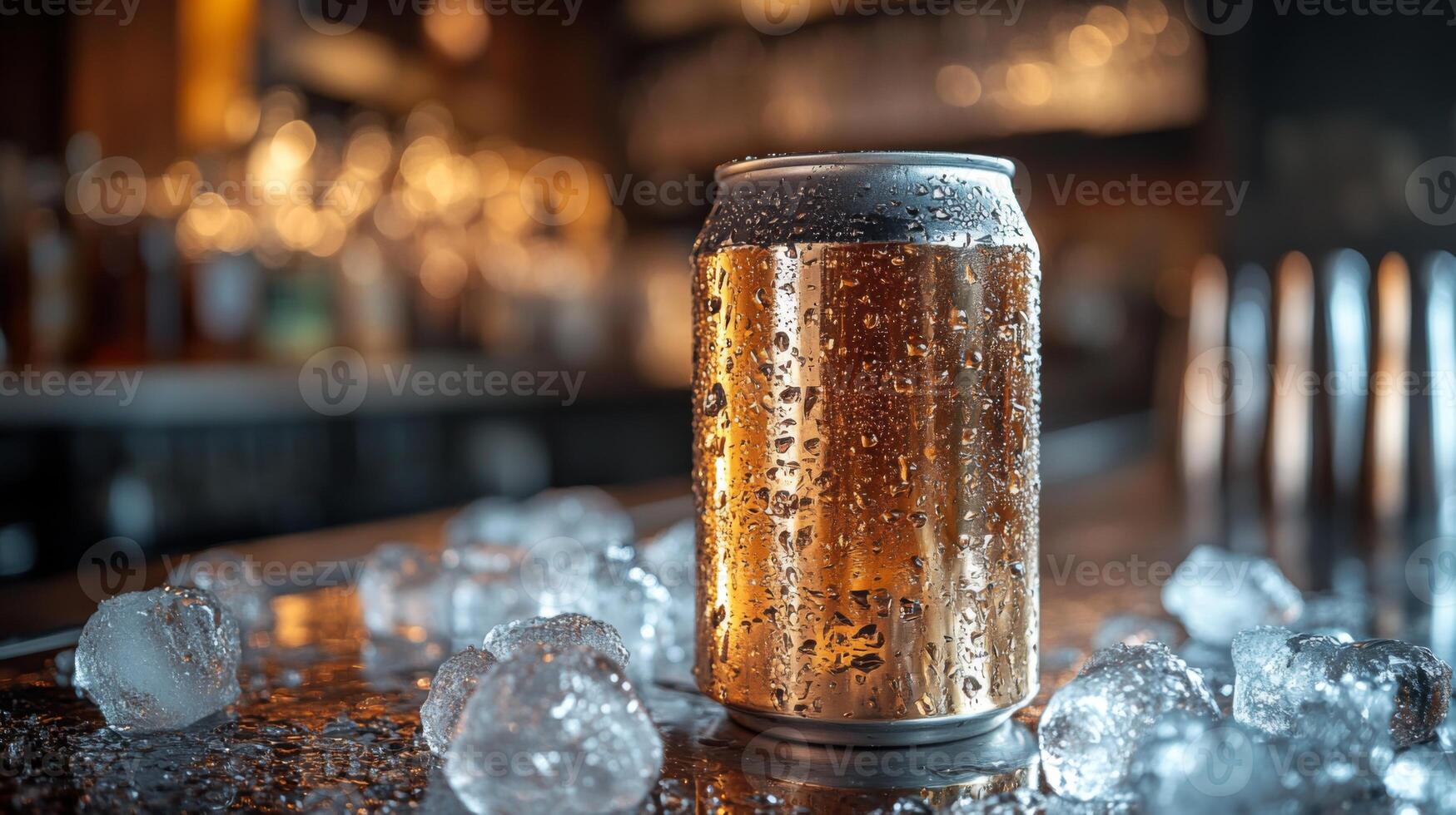 A cold can of beer sits on a bar counter surrounded by ice cubes. The background is softly blurred, suggesting a bustling bar atmosphere during the evening hours. photo