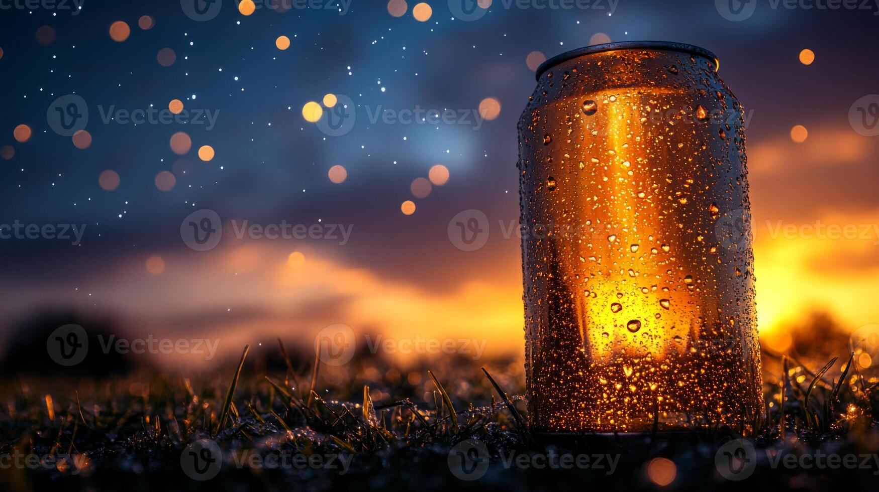 A can of beverage stands prominently on grass, beaded with condensation as the sun sets in the background, creating a beautiful bokeh effect from distant lights. photo