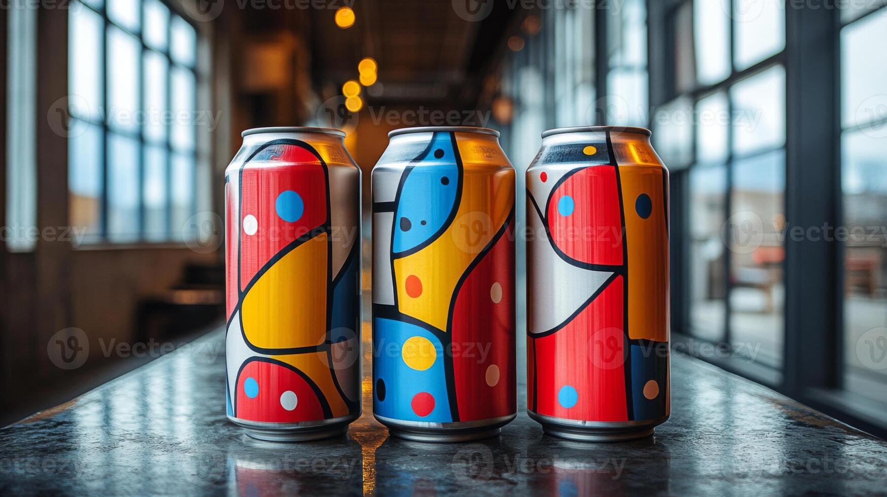 Three brightly labeled cans of craft beer are displayed on a dark table inside a spacious brewery. The large windows let in natural light, highlighting the playful designs. photo