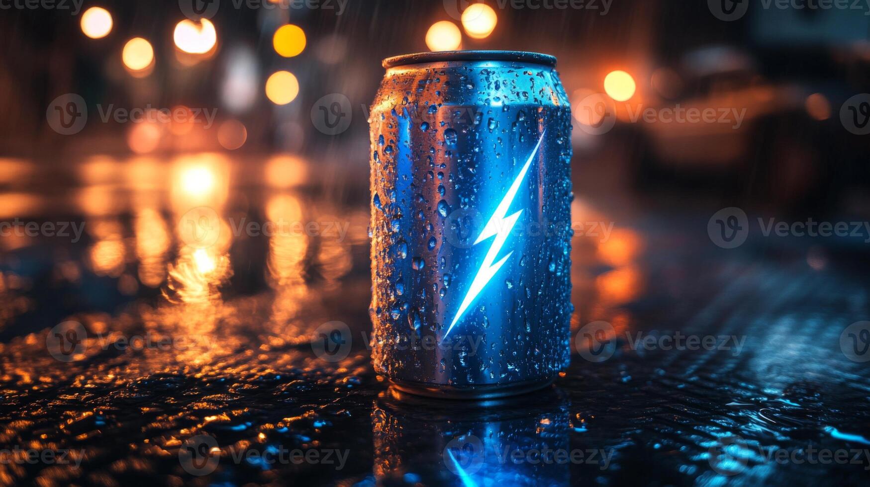 A vibrant can sits on a wet street, illuminated by nearby lights. Water droplets cling to its surface as rain falls, creating a reflective atmosphere in the evening. photo