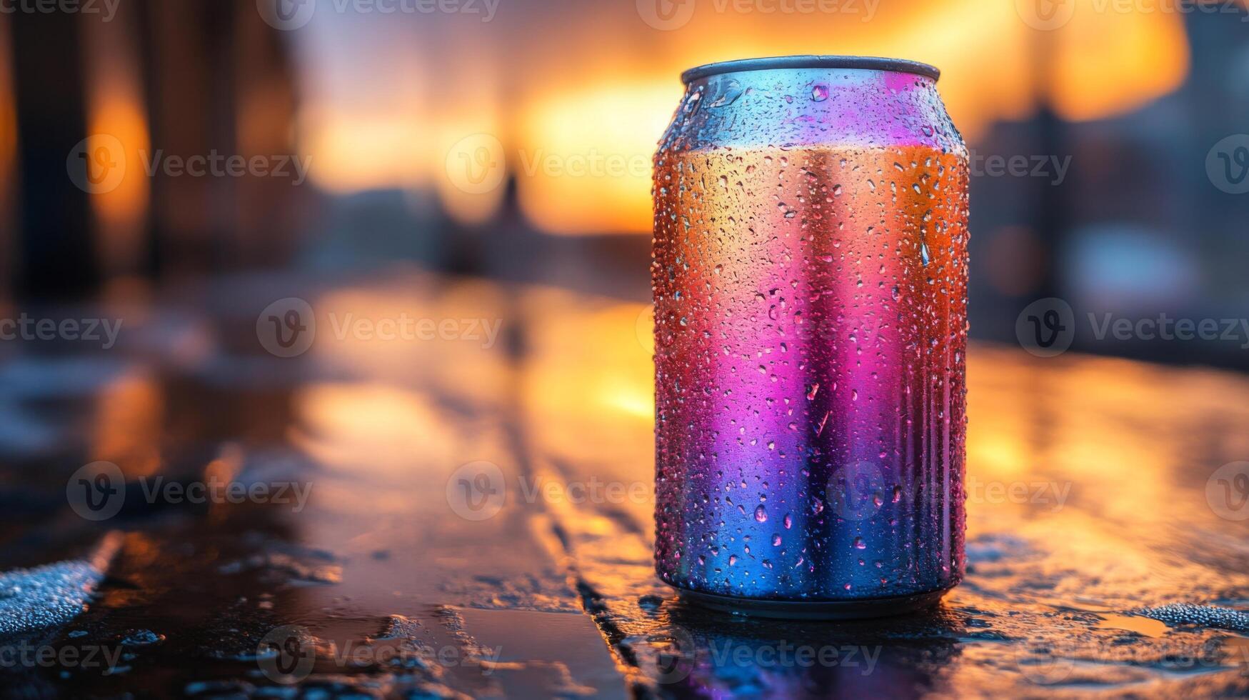 A vibrant can is placed on a glossy, wet surface, showcasing droplets of water as a stunning sunset casts an array of colors in the background, creating a captivating atmosphere. photo