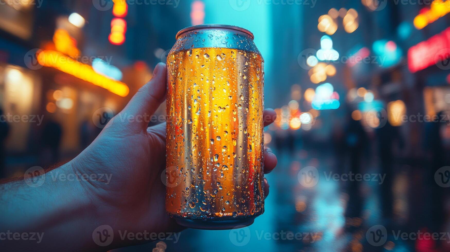 A person is showcasing a cold beer can covered in condensation while standing in a vibrant city street filled with lights and reflections. The atmosphere is lively and urban. photo