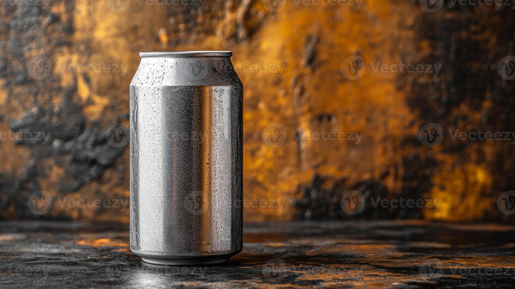 A metal can stands alone on a textured surface, capturing light against a warm, abstract painted backdrop. The moisture on the can suggests a cold beverage, inviting refreshment. photo