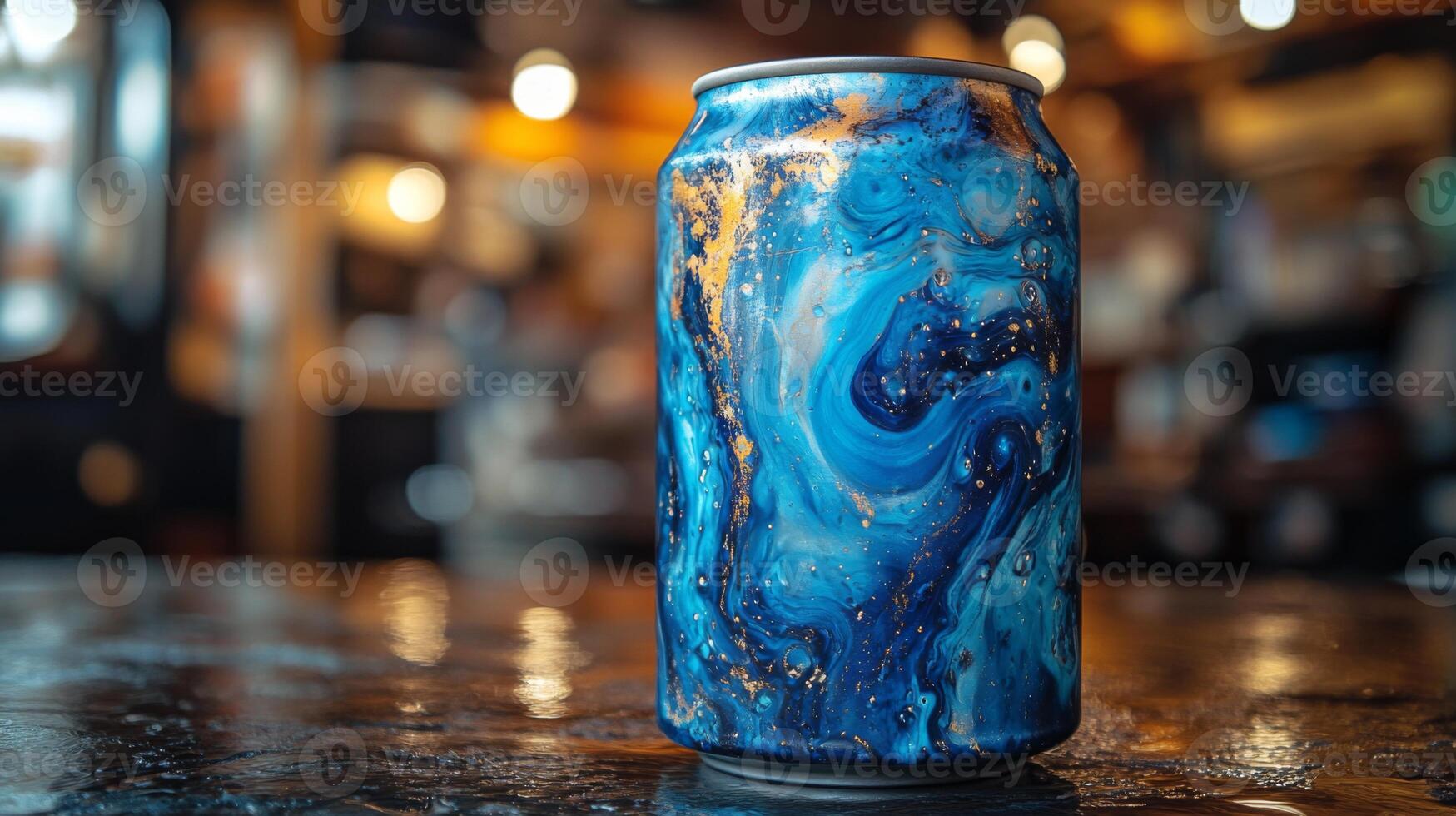 A blue marbled beverage can sits on a moist table surface in a lively cafe. The warm lights add a cozy atmosphere, creating an inviting setting for customers. photo