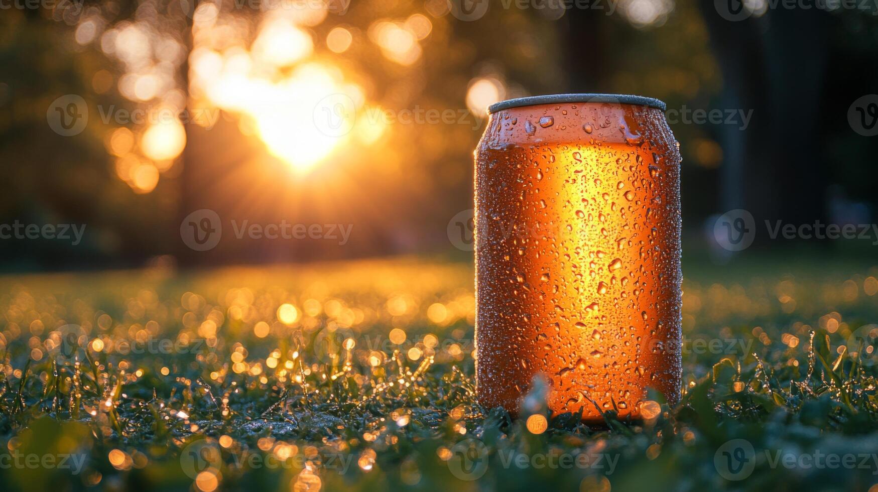 A chilled beverage can sits on lush green grass, glistening with droplets as the sun sets in the background, creating a warm, inviting atmosphere perfect for relaxation. photo