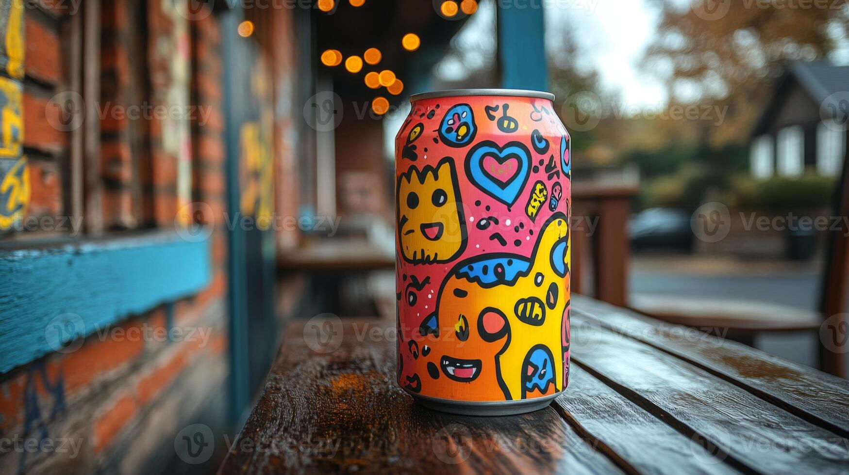 A bright, illustrated can rests on a rustic wooden table, surrounded by twinkling lights from nearby buildings on a lively street in the evening. photo