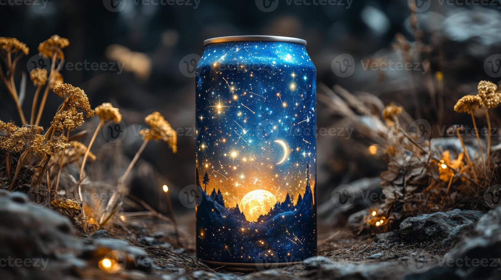 A visually striking can featuring a night sky design rests amidst vibrant wildflowers in a tranquil forest setting during twilight, creating an enchanting atmosphere. photo