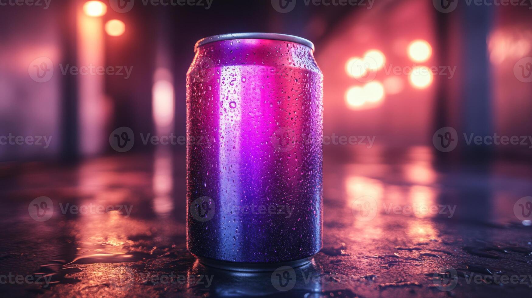 A colorful soda can stands prominently on a wet surface, glistening with droplets. Mysterious lights in the background create an energetic and vibrant environment. photo