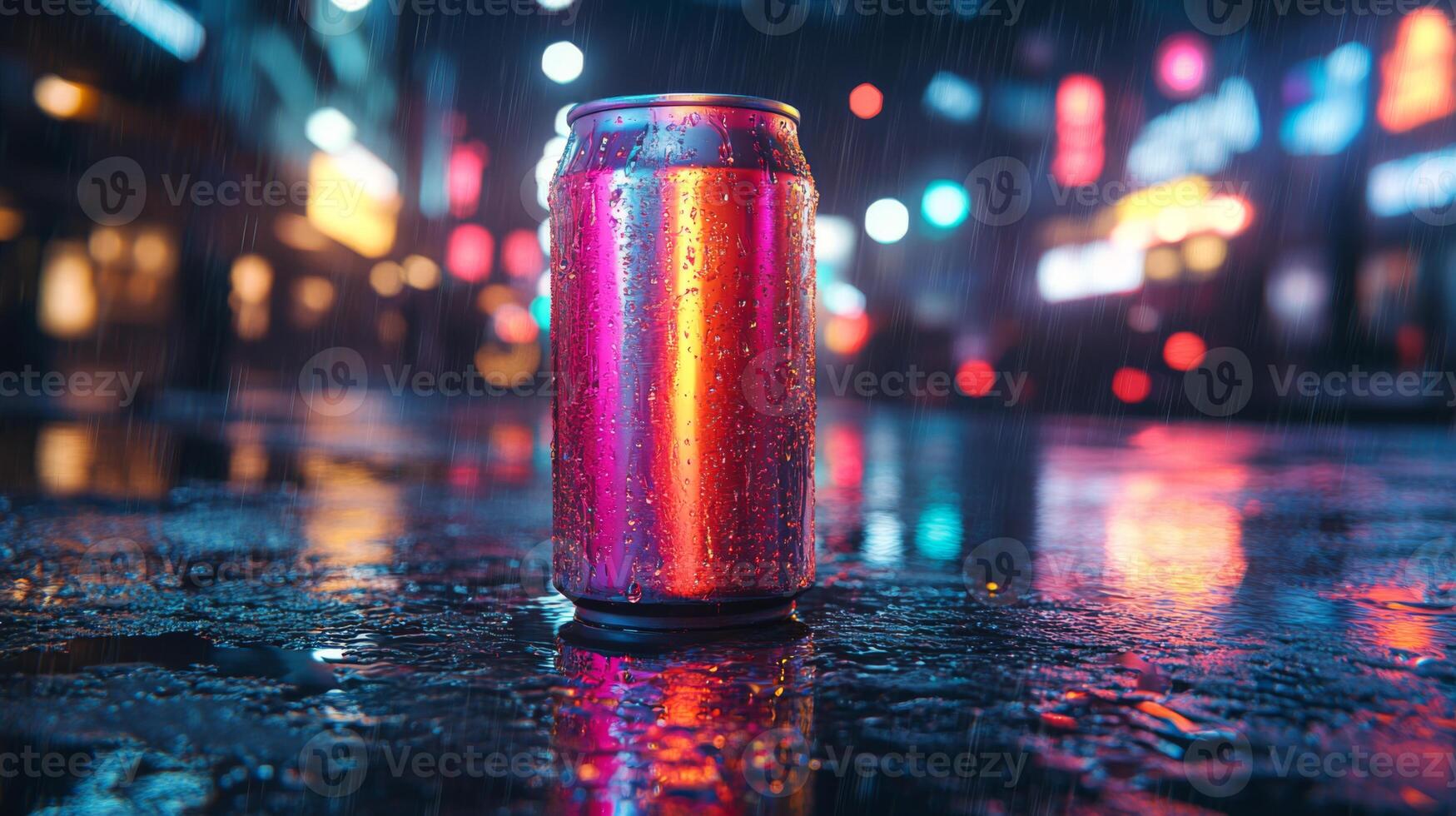 A colorful soda can stands upright on a rain-soaked street, with vibrant neon lights glowing in the background. The rain creates a shimmering effect on the ground. photo