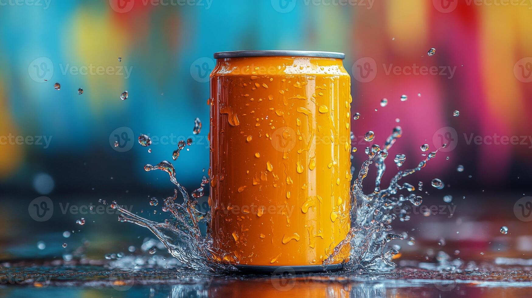 A bright orange can is dramatically splashing in water, creating droplets that shimmer. The colorful background enhances the lively summer atmosphere. photo