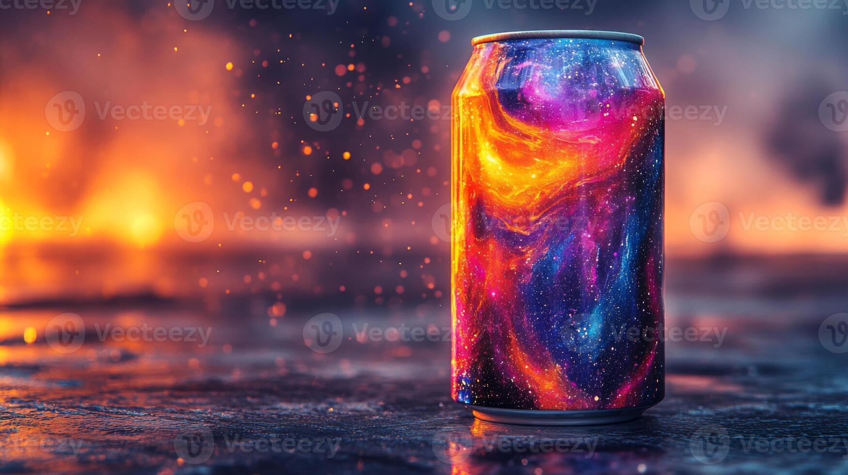 A vibrant can featuring a galaxy design stands prominently amidst shimmering sparks and a dramatic fiery backdrop during an evening celebration, showcasing creativity and flair. photo