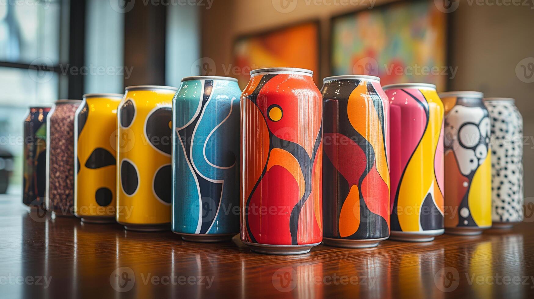 A collection of vibrant beverage cans featuring unique artistic designs is arranged neatly on a wooden table. The setting is contemporary, showcasing various colors and patterns. photo