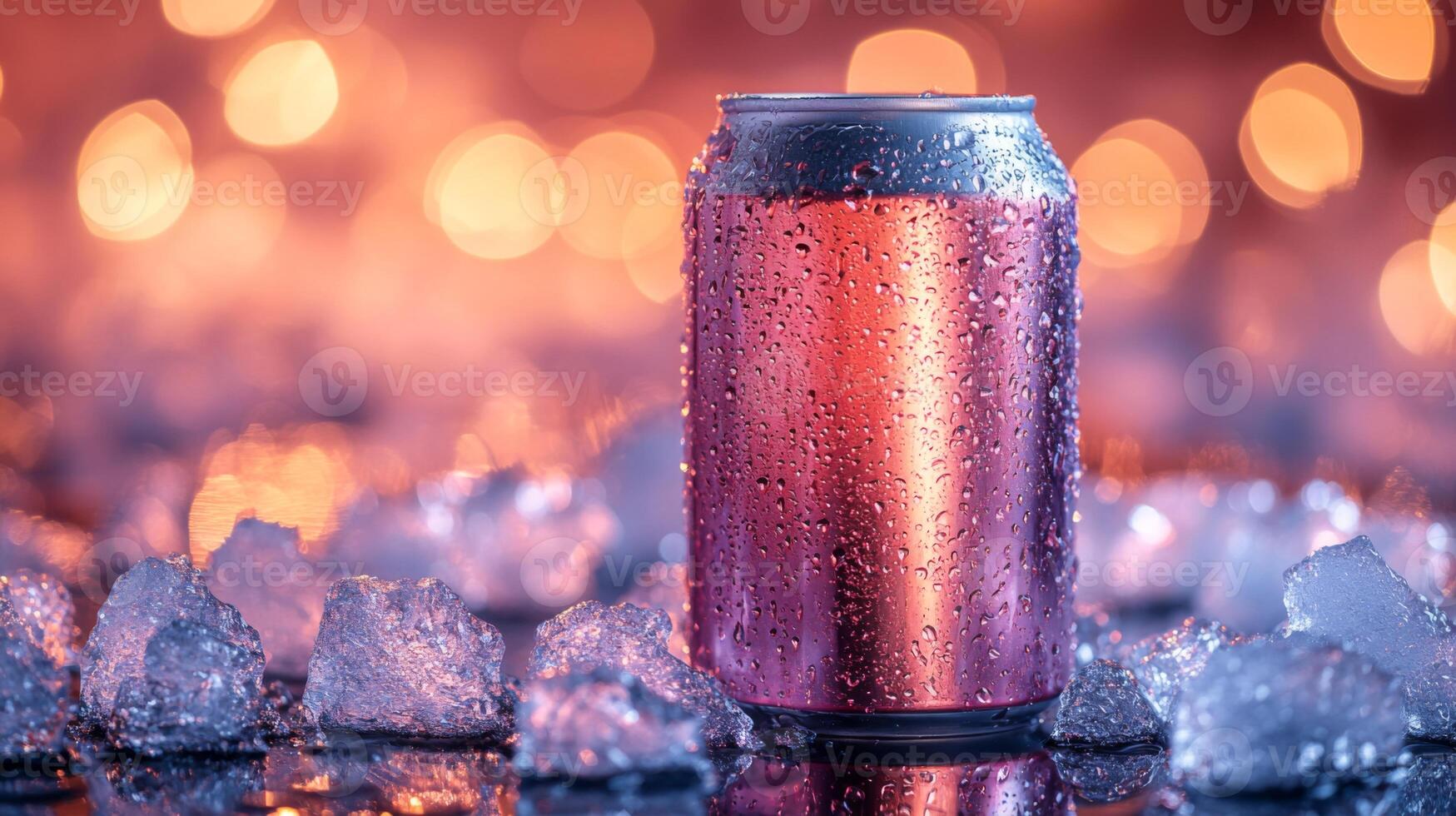 A chilled beverage can glistens with condensation, set against a vibrant, blurred background illuminated by warm tones. Crushed ice adds to the refreshing atmosphere. photo