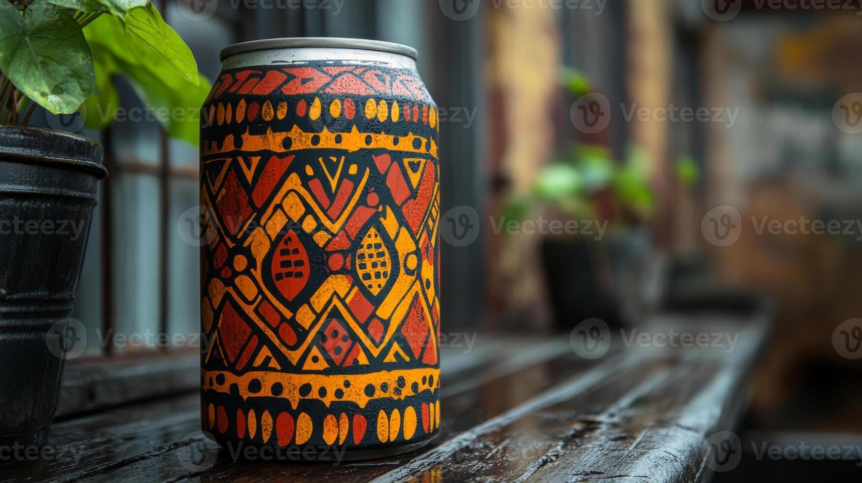 A vibrant can adorned with detailed patterns rests on a weathered wooden surface. Surrounding greenery adds a touch of life to the cozy urban atmosphere, suggesting a creative space. photo