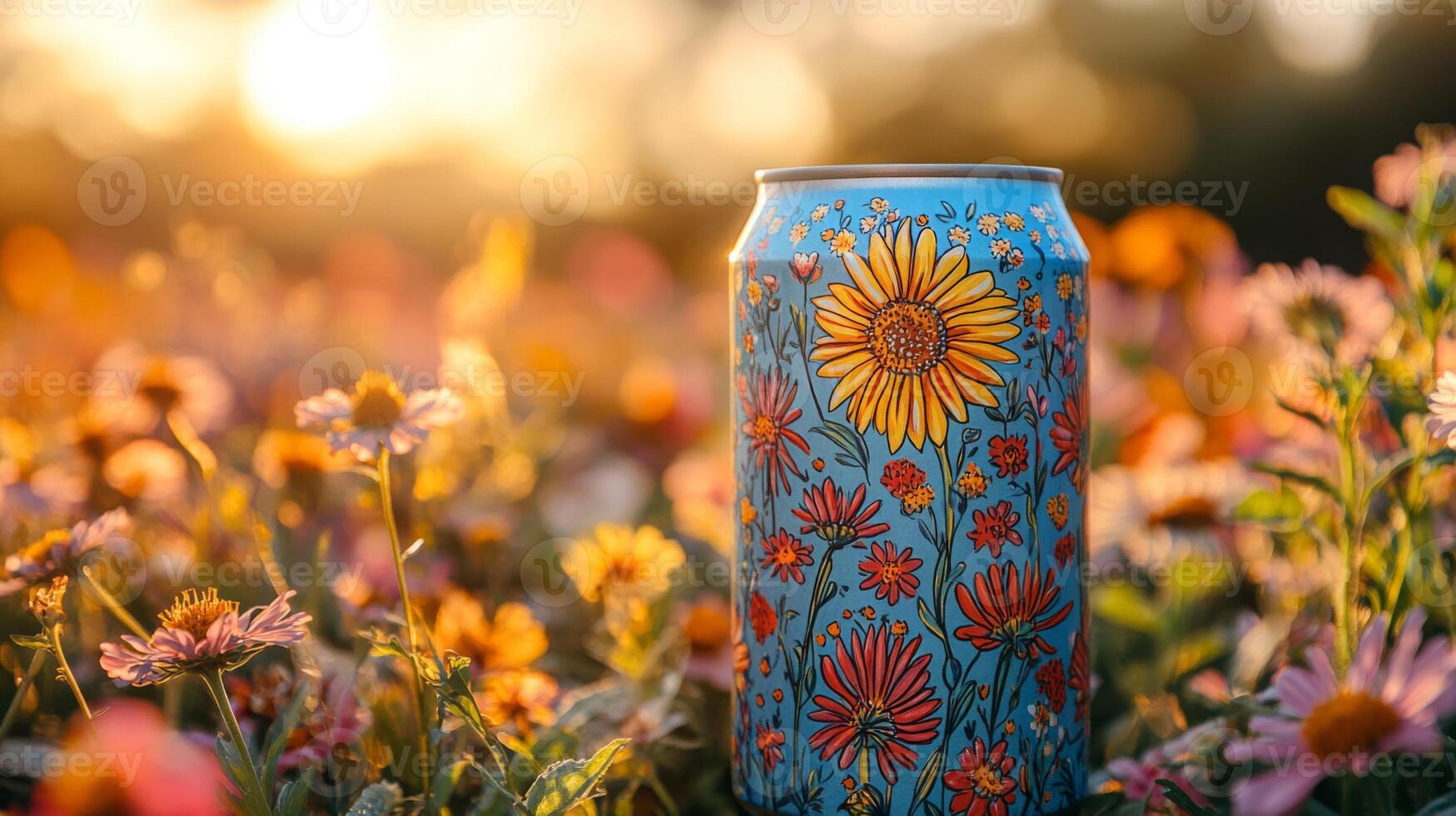 A colorful can adorned with flowers is positioned in a meadow filled with various blooming wildflowers under a warm sunset sky. The scene captures natural beauty and tranquility. photo