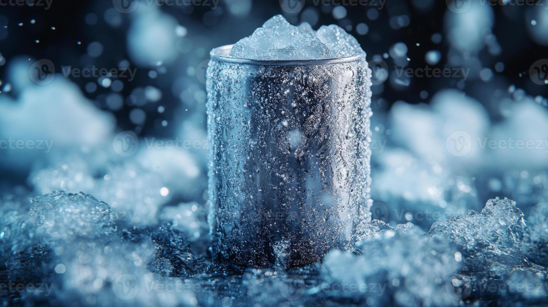 A cold beverage can sits amid ice and water droplets, capturing the essence of a refreshing drink. The atmosphere conveys a cool environment ideal for relaxation. photo