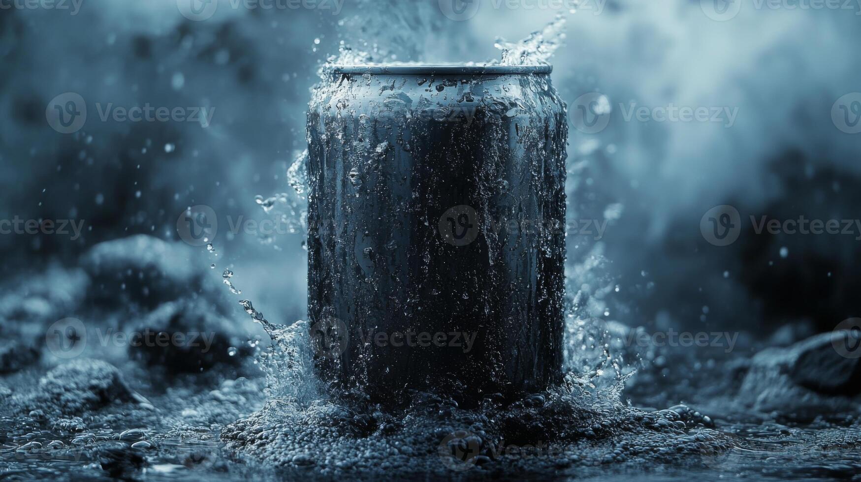 A can stands in a shallow stream, surrounded by splashing water. The metal surface reflects the light as the cool water flows around it, creating a striking visual contrast. photo
