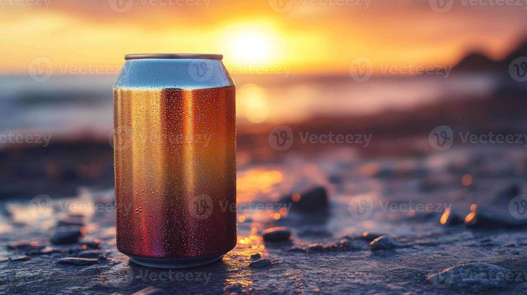 A beverage can with droplets sits on a rocky shoreline. The sun sets in the background, casting a warm golden hue over the water and creating a tranquil atmosphere. photo