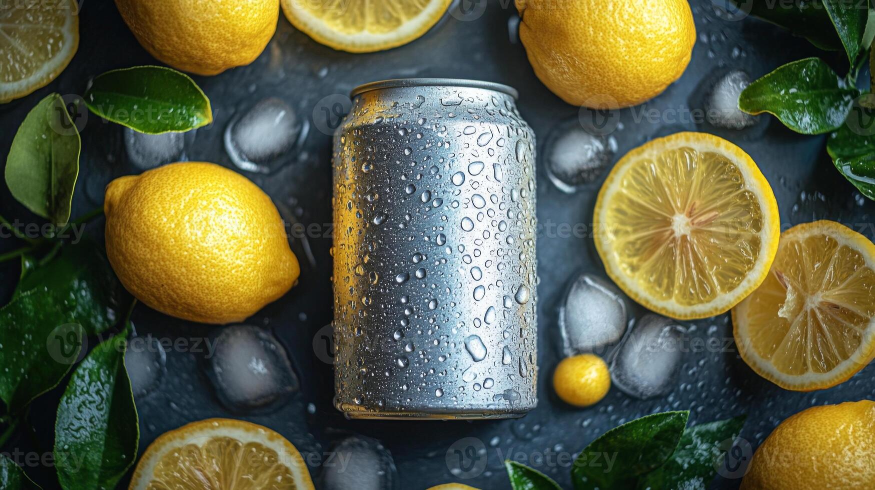 A chilled drink can is surrounded by vibrant lemons, sliced lemon halves, and ice cubes. The droplets on the can suggest a refreshing sensation, ideal for summer enjoyment. photo