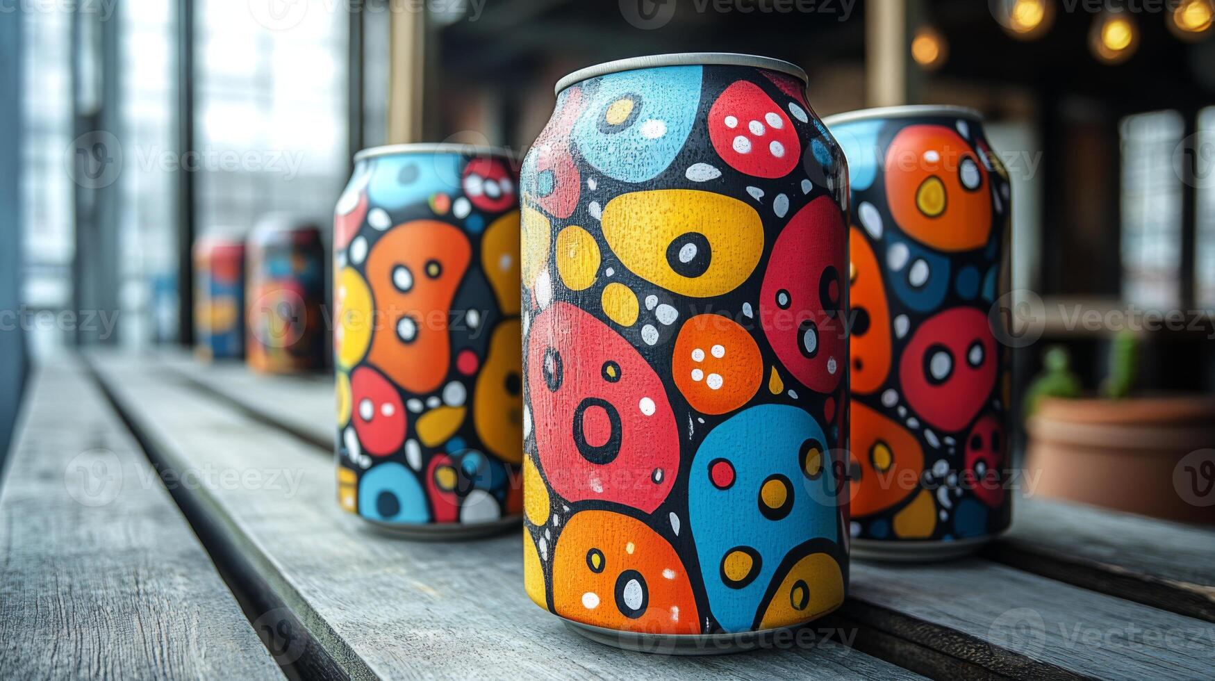 A collection of uniquely designed cans with abstract patterns in bright colors is arranged on a wooden table. The backdrop shows a modern interior. photo