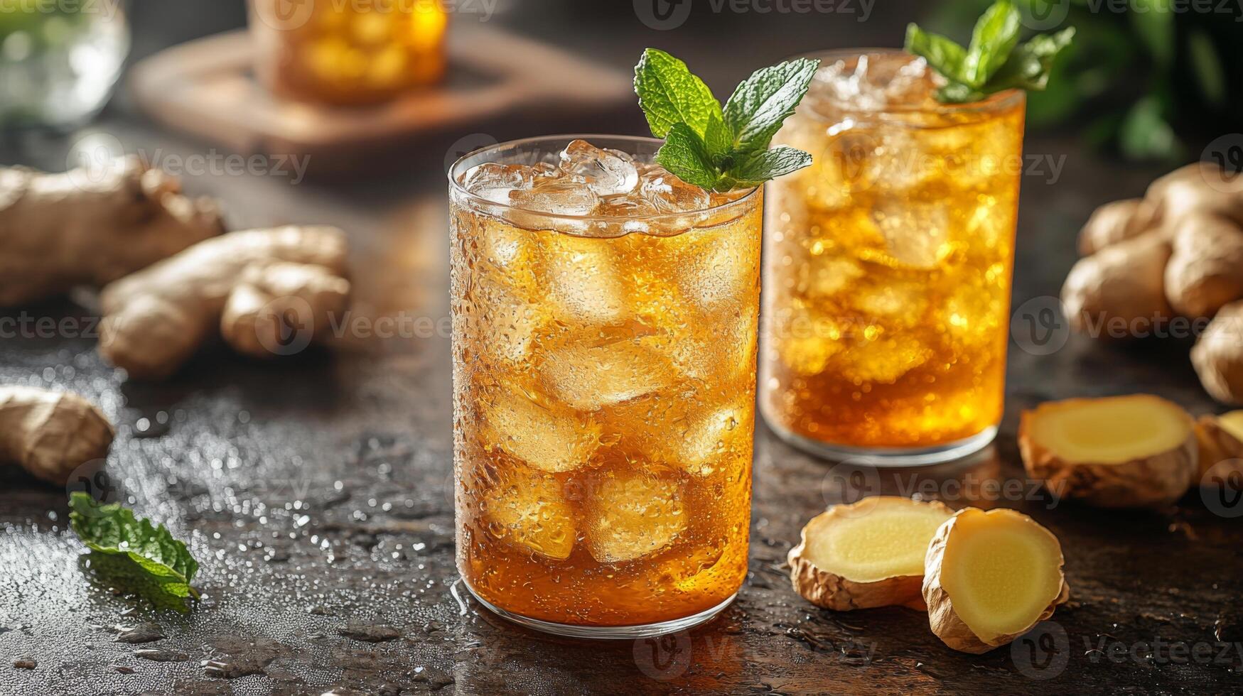 Two glasses of iced ginger tea topped with fresh mint sit on a kitchen counter. Ginger root and mint leaves surround the drinks, creating a vibrant setup. photo