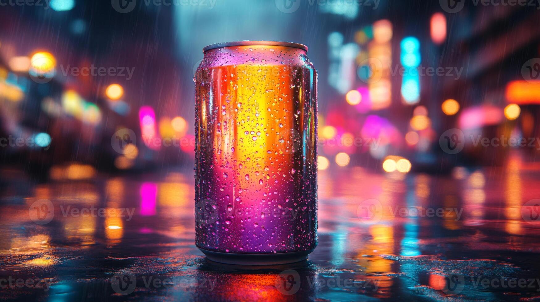 A soda can stands prominently on a wet street, illuminated by colorful city lights. Raindrops glisten on its surface, enhancing the lively urban atmosphere at night. photo