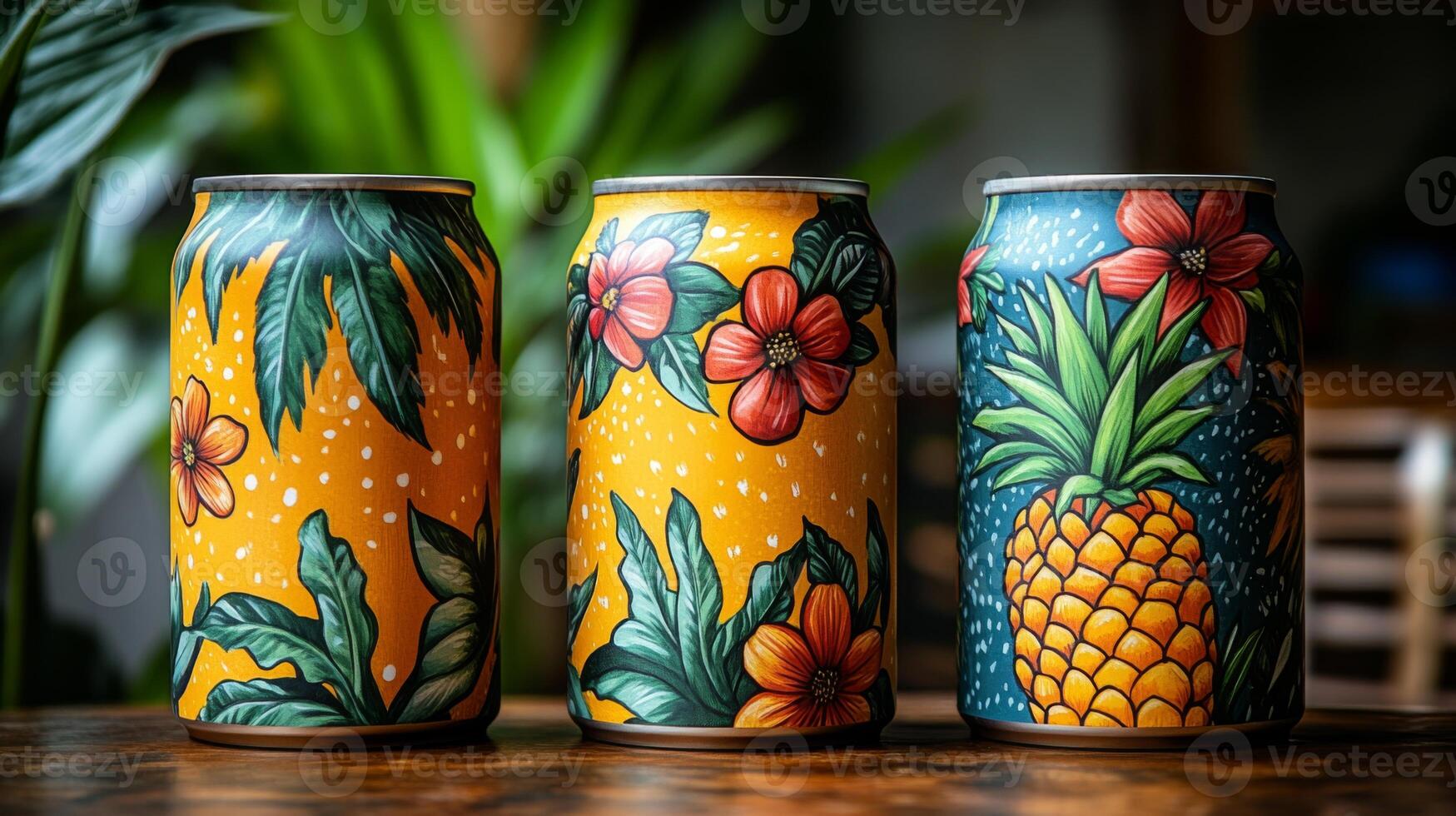 Three vibrant beverage cans with artistic tropical designs are displayed on a wooden table. The cans feature floral patterns and a pineapple motif, set against lush green foliage in the background. photo