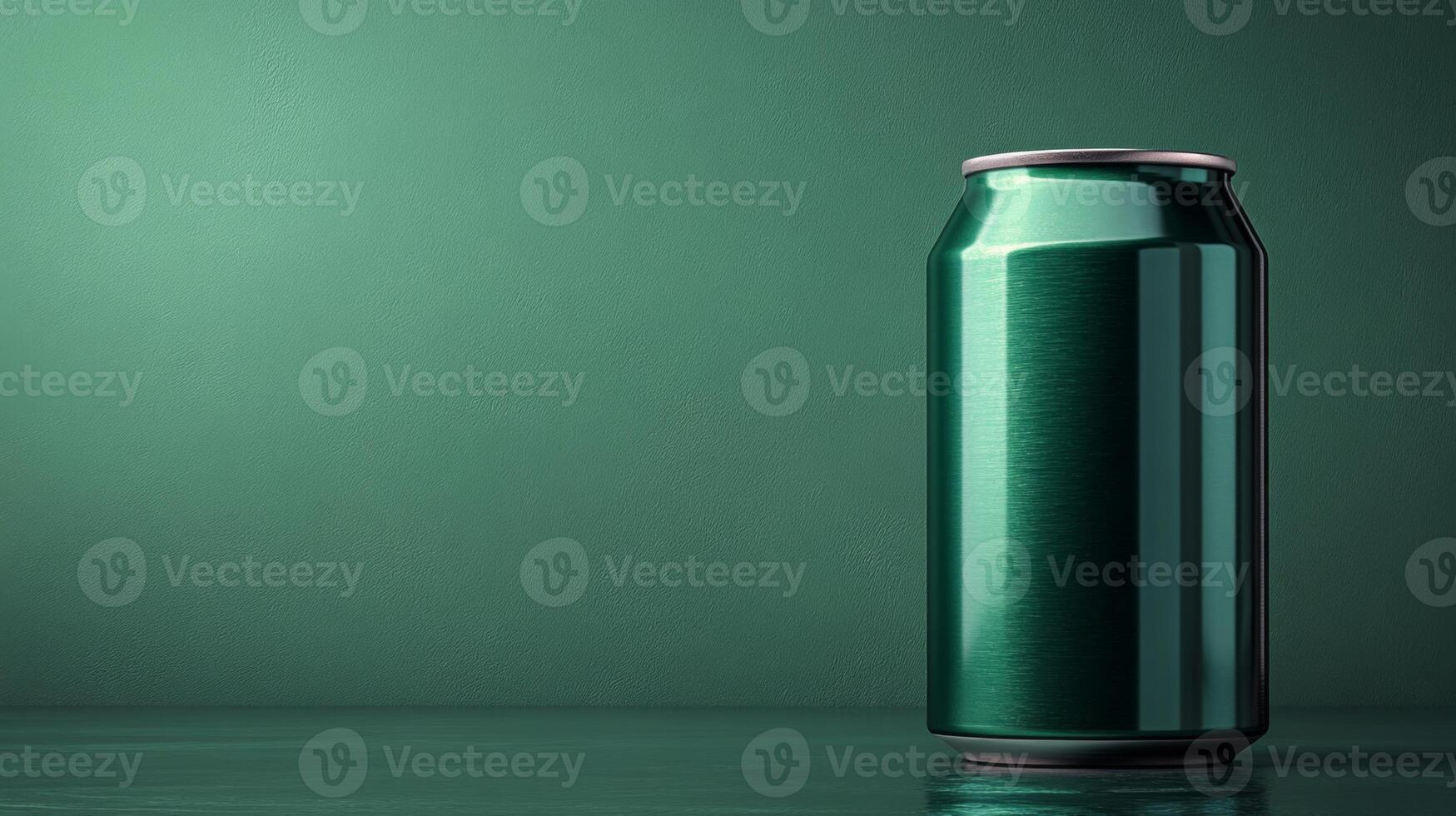 A sleek green can stands upright on a reflective surface, surrounded by a solid green background. The lighting highlights the can's metallic sheen, creating a modern, minimalist look. photo