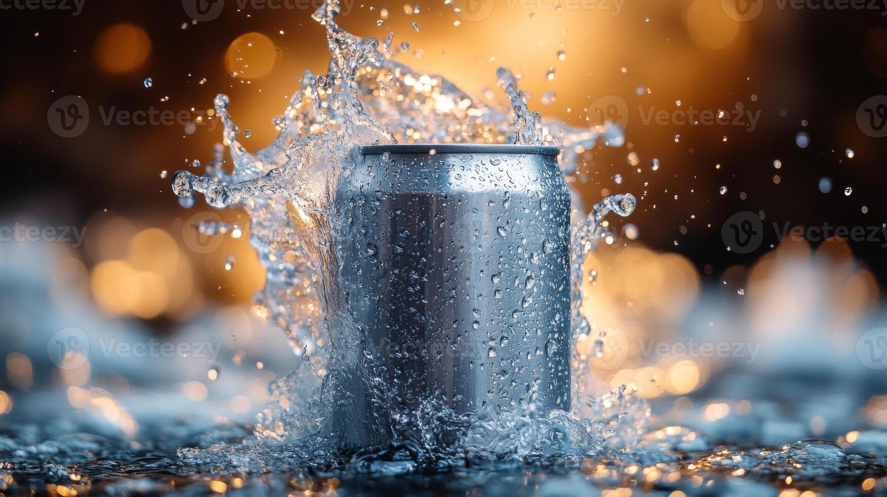 A silver can sits amidst droplets of water, creating a stunning splash effect. The background radiates warmth with soft glowing colors during the sunset, enhancing the scene's vibrancy. photo