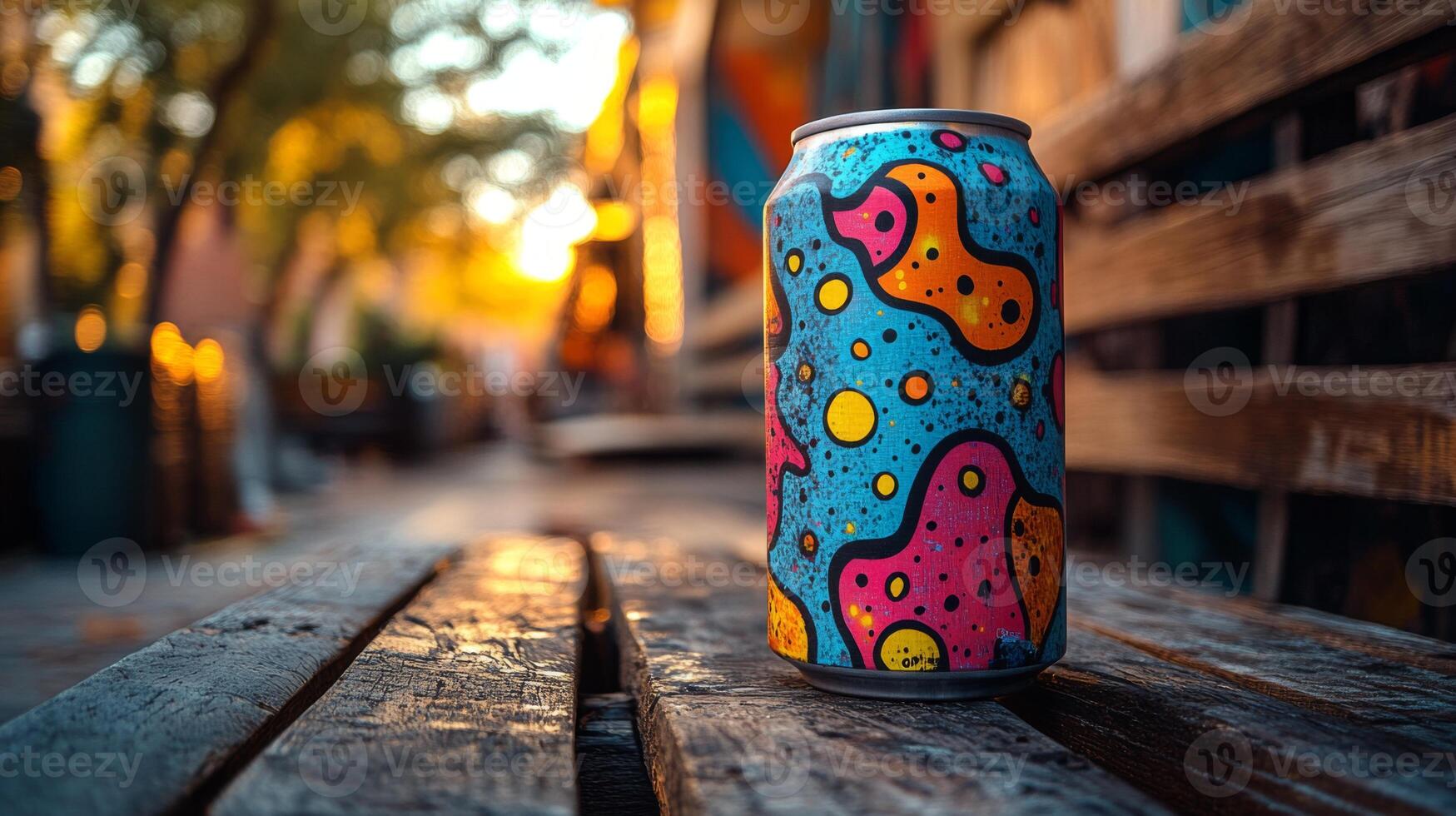 A colorful beer can with playful patterns sits on a weathered wooden bench. The warm glow of sunset surrounds the scene, illuminating the lively outdoor area. photo