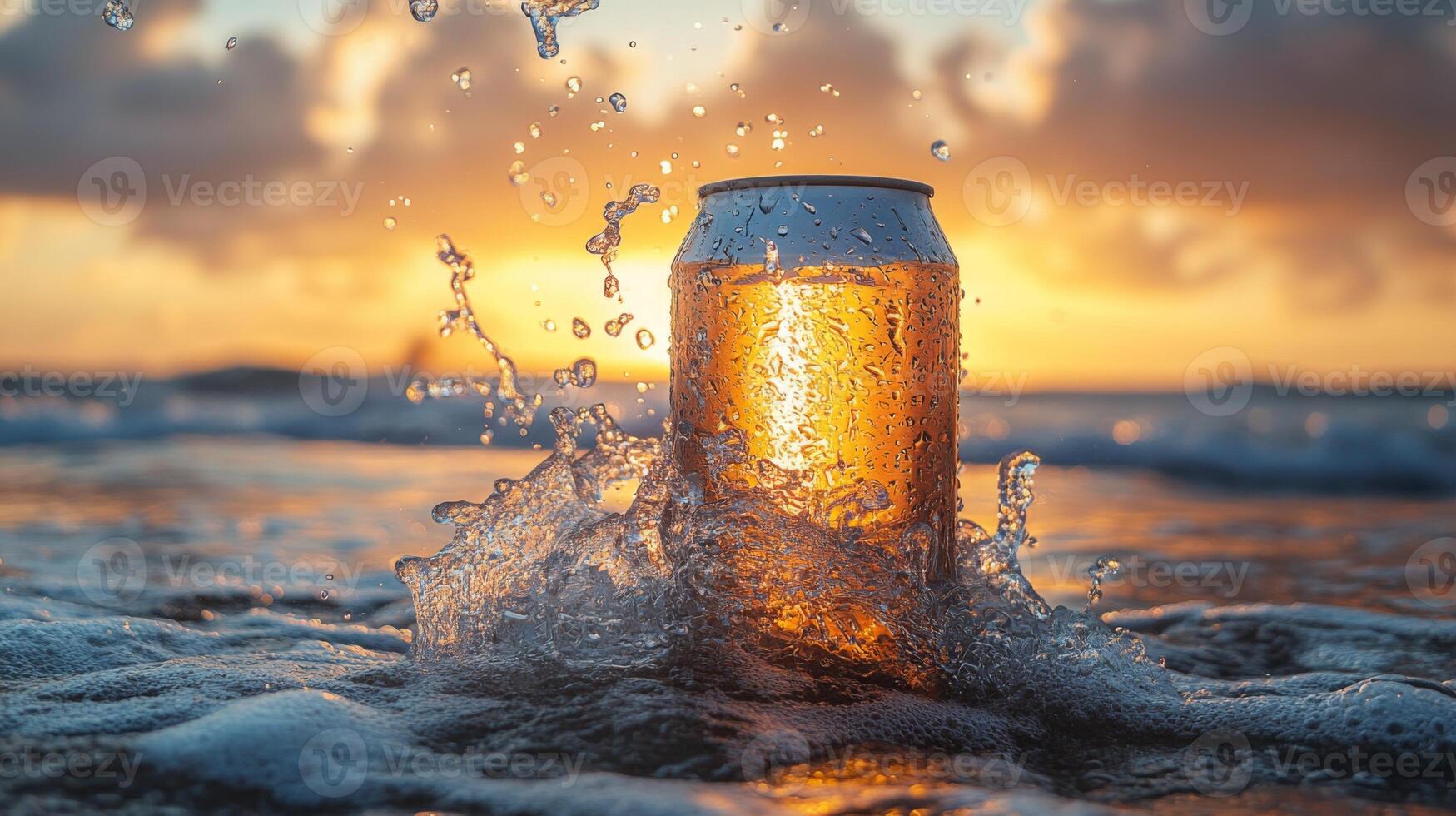 A cold can of beverage stands in the water, creating splashes as waves crash nearby. The sun sets on the horizon, casting a warm glow over the scene, evoking a summer vibe. photo