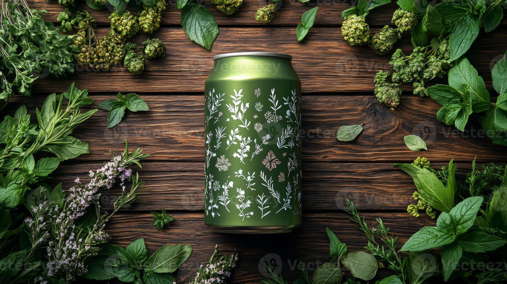 A green beer can adorned with delicate botanical patterns sits atop a rustic wooden table. Various fresh herbs and greens encircle the can, enhancing the natural atmosphere. photo