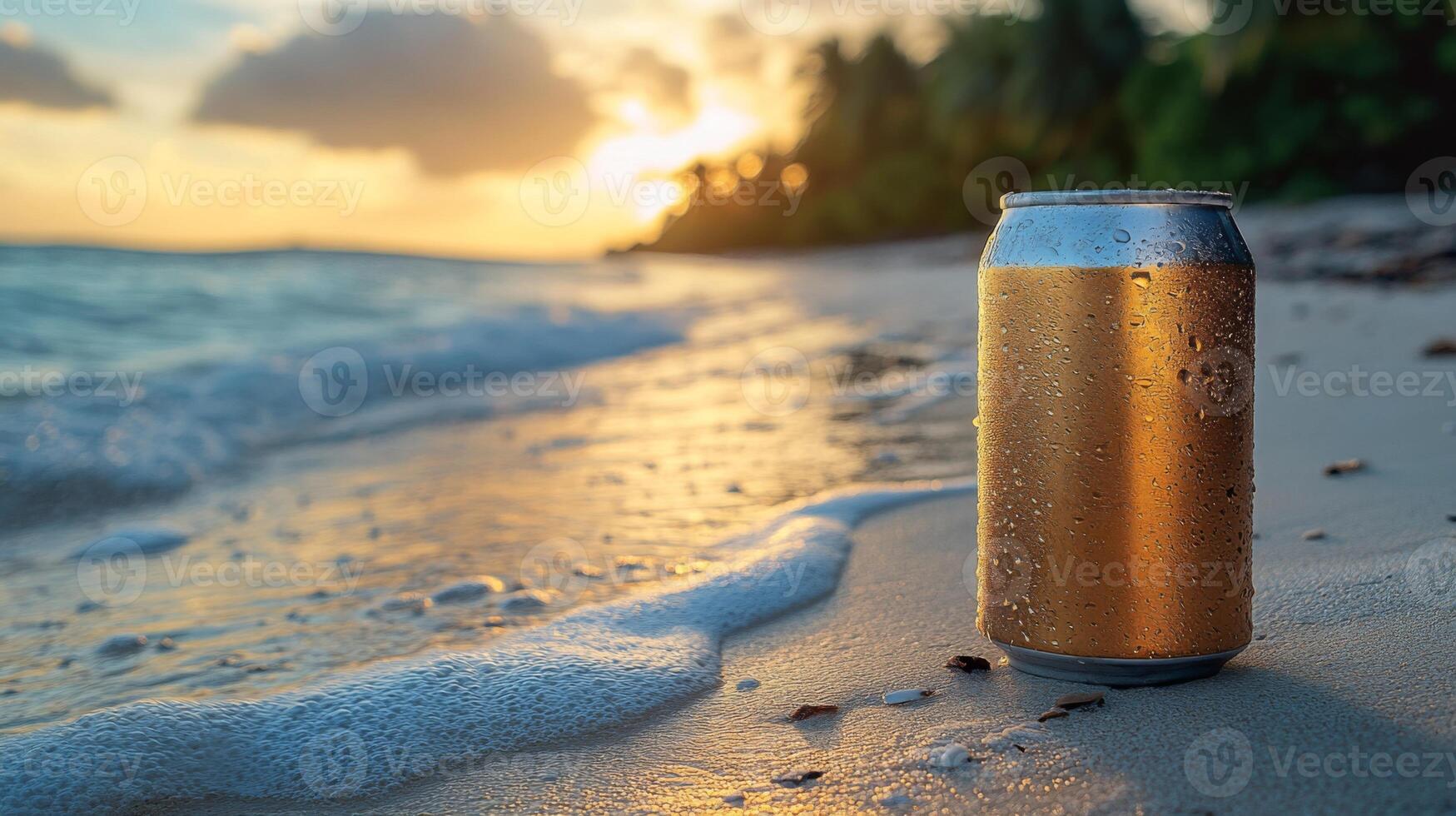 A cold beverage can rests on the sandy beach as waves gently lap at its base. The sun sets in the background, casting a warm glow over the tranquil scene and surrounding palm trees. photo