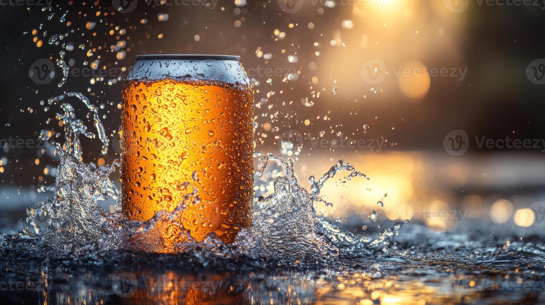 A can of beer stands in the water as it splashes around, illuminated by warm sunset light in a tranquil outdoor setting, creating a refreshing atmosphere. photo