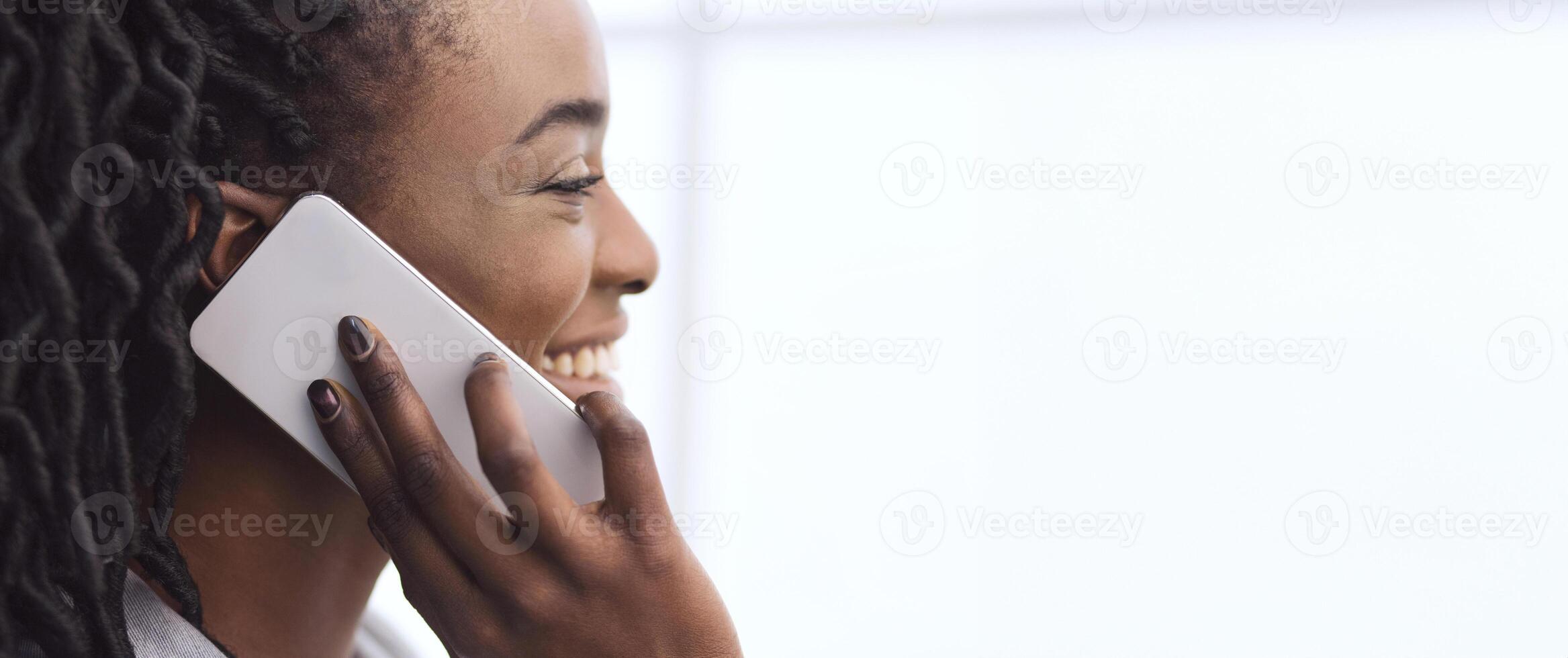 African American Businesswoman Talking On Smartphone, Having Break, Closeup, Panorama With Copy Space photo