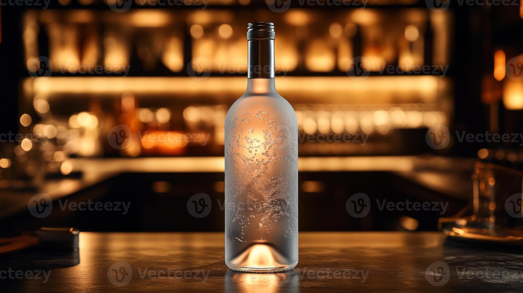 A frosted glass bottle stands on a sleek bar counter illuminated by warm light. The background reveals blurred silhouettes of shelves filled with spirits, creating an inviting atmosphere. photo