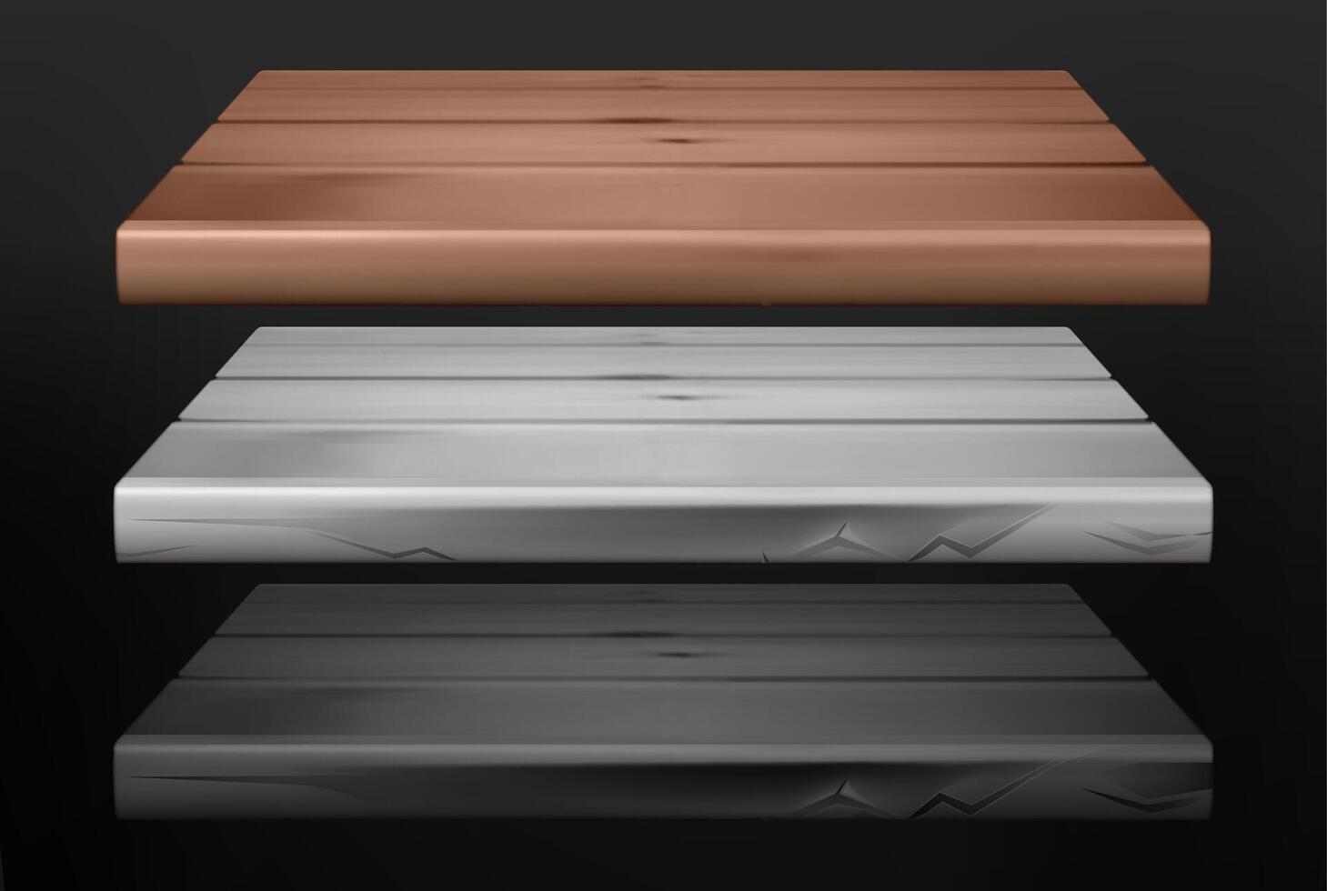 Rustic Wooden Shelves Mockup.Three wooden planks in different colors with a top view perspective. Collection of 3d isolated white, black, brown empty wooden shelf for exhibit on dark background vector