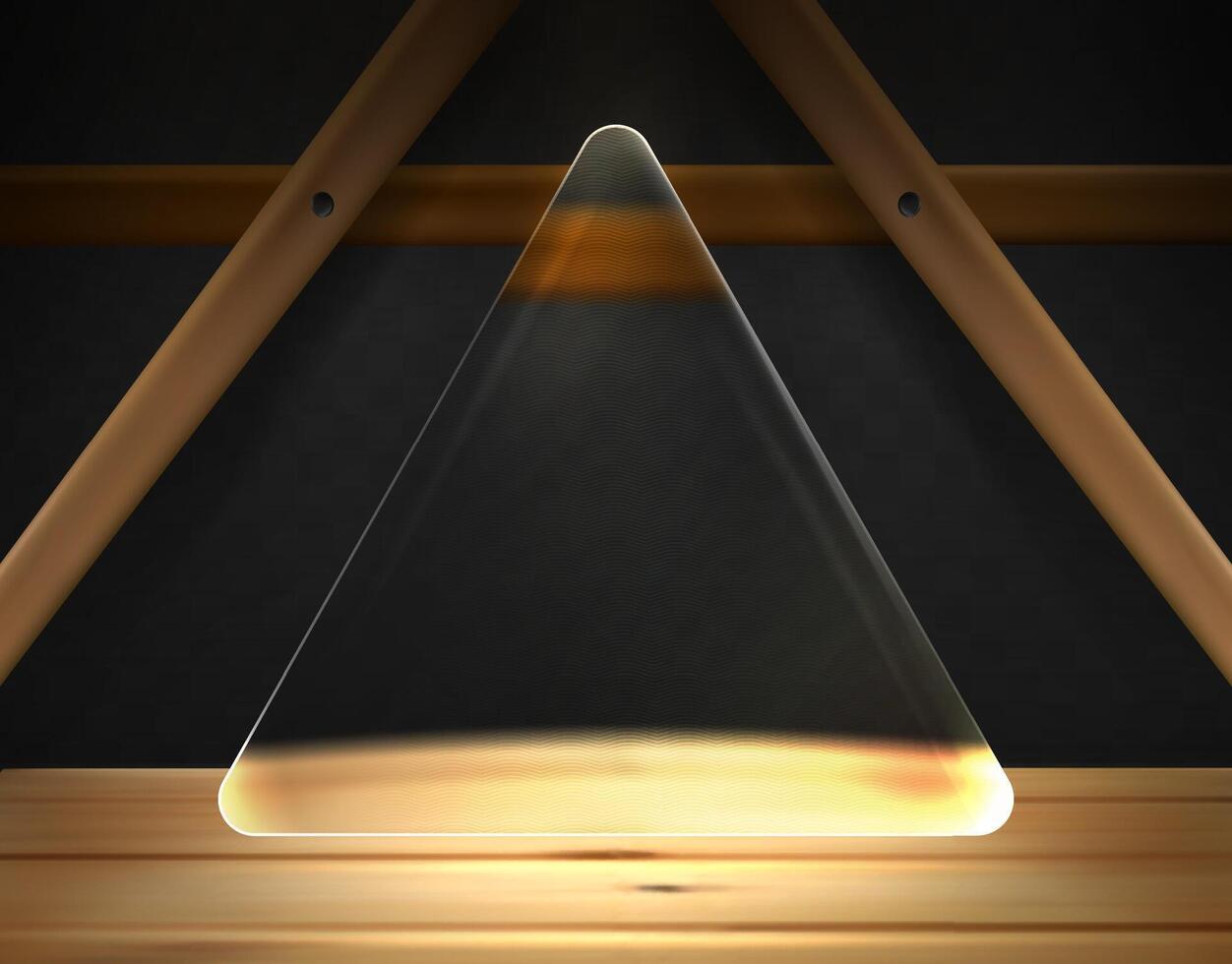 Transparent matt triangular glass plate on the background eco house concept. Wooden background with space for text. Wooden Structure vector