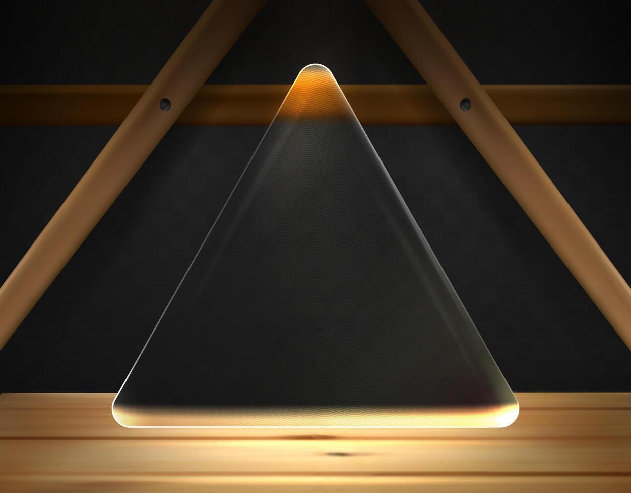 Transparent matt triangular glass plate on the background wooden structure . Wooden background with table top with space for text. Illuminated Glass Triangle vector