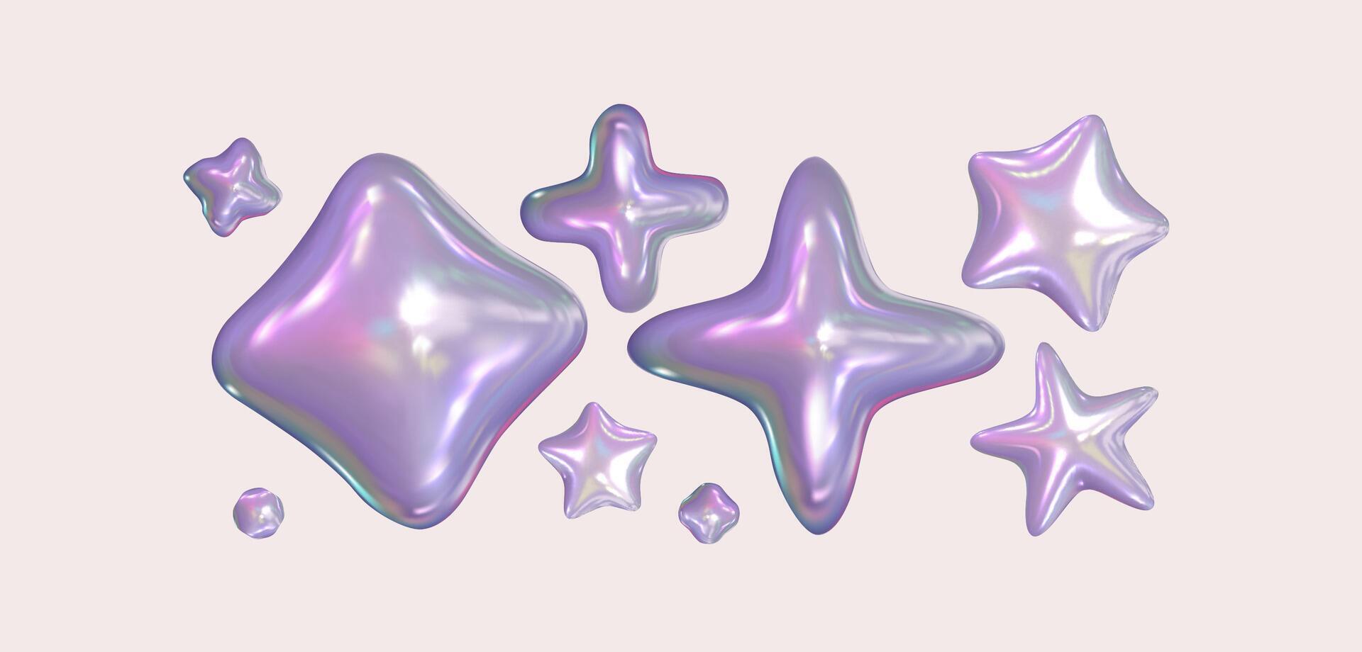 3d chrome set holographic stars . Isolated silver abstract elements in y2k style and 90s design. Pearl fluid shapes. Iridescent purple stars and shapes on a pastel background vector