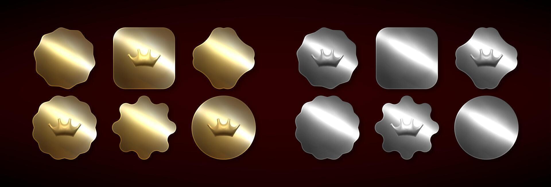 Gold and Silver Crown Buttons with Various Shapes Series of silver and gold stickers on a red- dark background. Metal Labels and Badges wicth crown vector