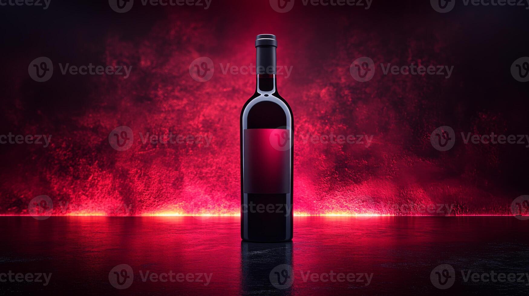 A striking red wine bottle stands alone in front of a vivid red background, highlighting its sleek design. The ambience exudes sophistication, making it ideal for a culinary occasion or celebration. photo