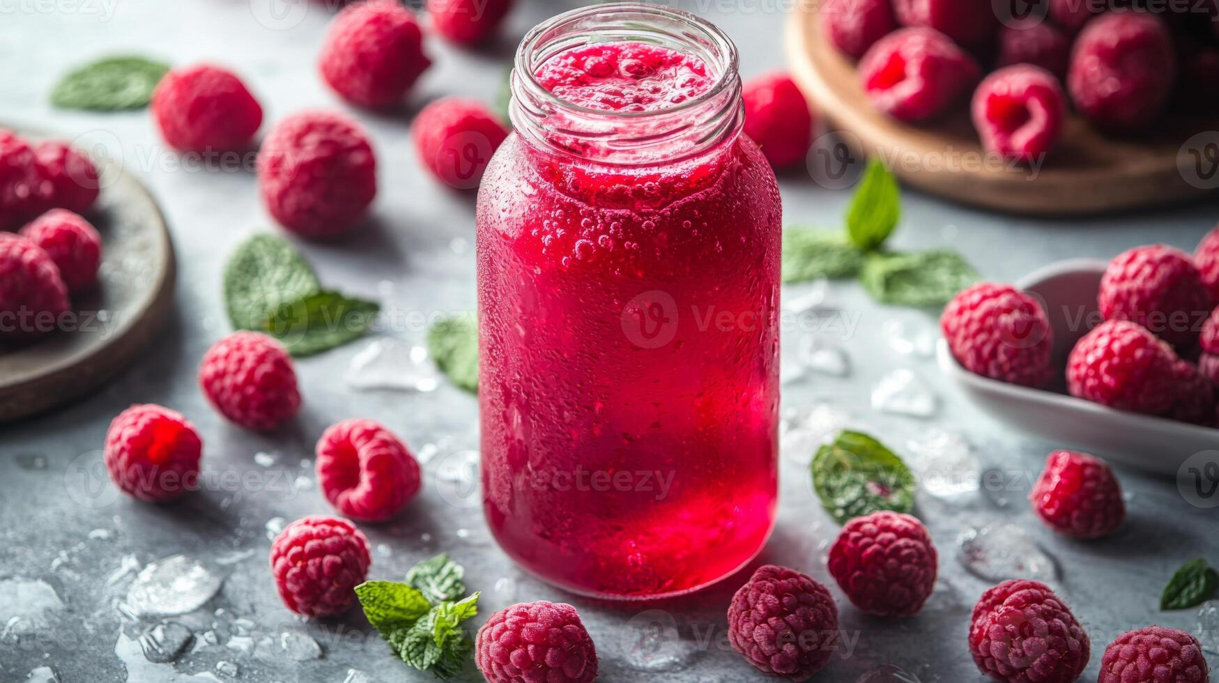 A vibrant raspberry drink bubbles in a jar, surrounded by fresh raspberries and mint leaves, resting on a cool, textured surface. Ice adds an inviting chill. photo