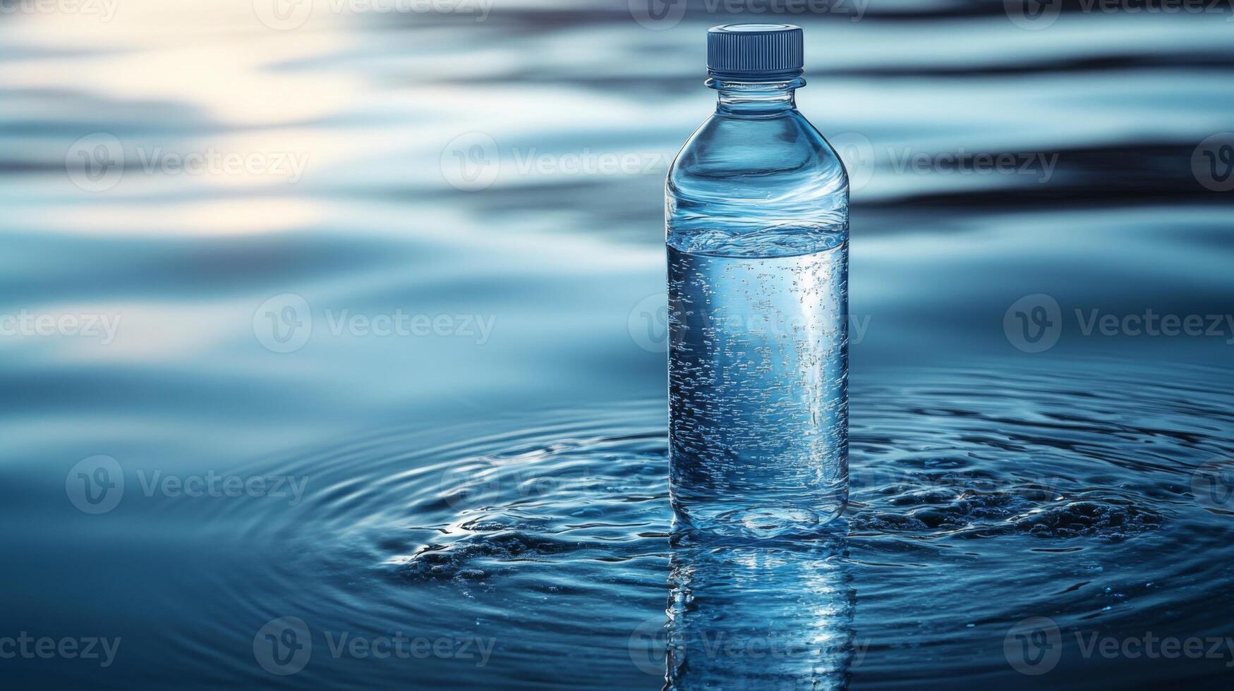 A clear plastic water bottle stands upright on a calm surface, surrounded by gentle ripples and shimmering reflections. The tranquil environment enhances the freshness of the bottle. photo