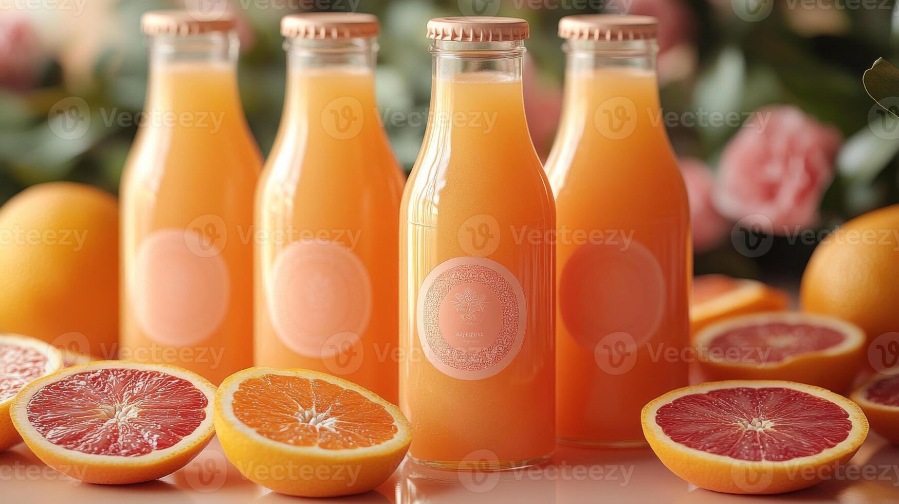 Bottles filled with vibrant orange beverages sit next to halved oranges and grapefruits in a delicate floral arrangement. The scene captures a refreshing ambiance of summer. photo