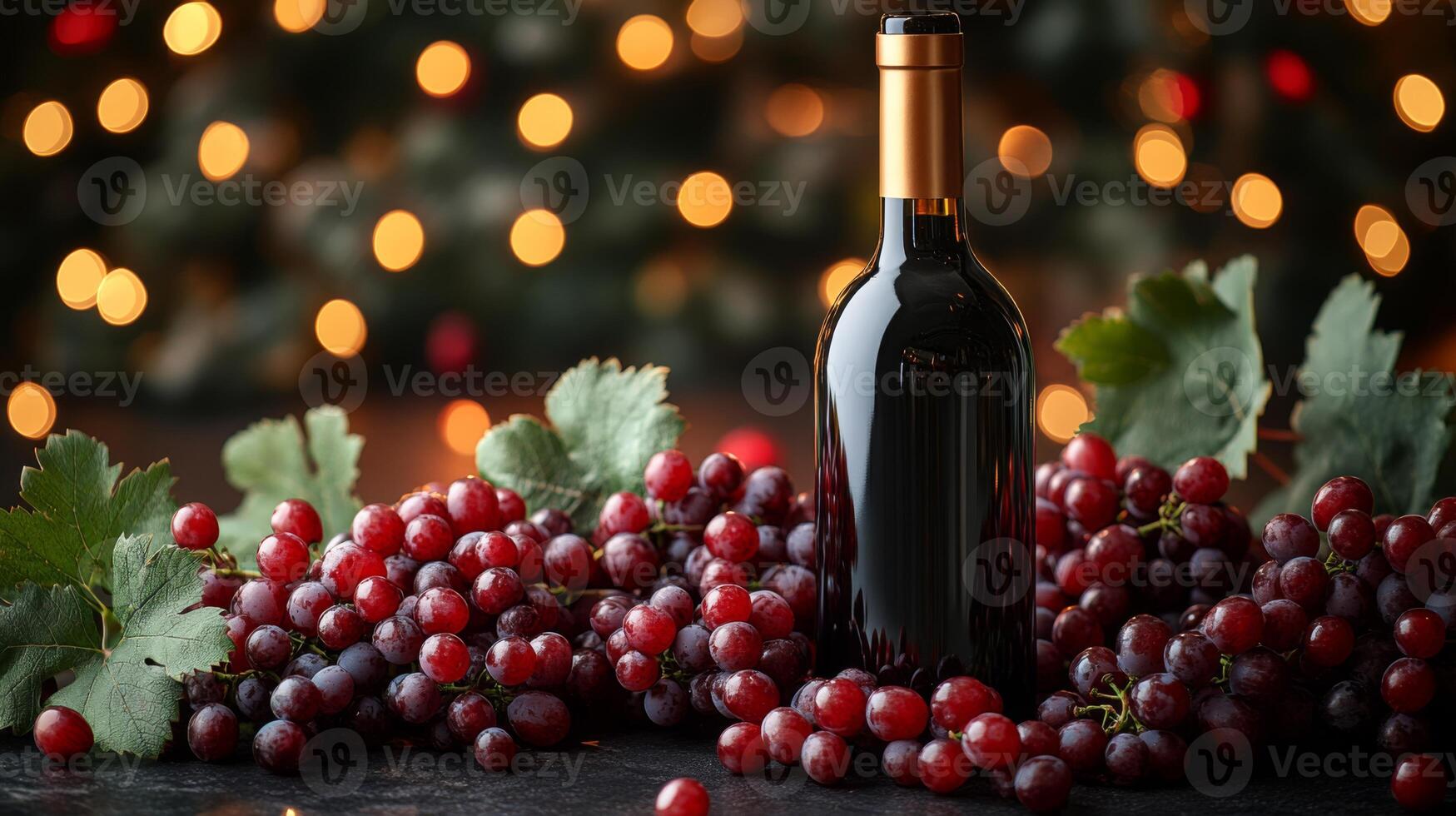 A sleek red wine bottle is placed on a dark surface amidst a cluster of vibrant red grapes, with soft twinkling lights in the background creating a warm, festive atmosphere. photo